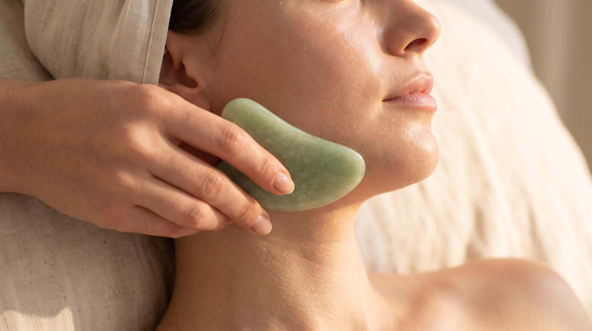 Jade gua sha tool gliding along a jawline