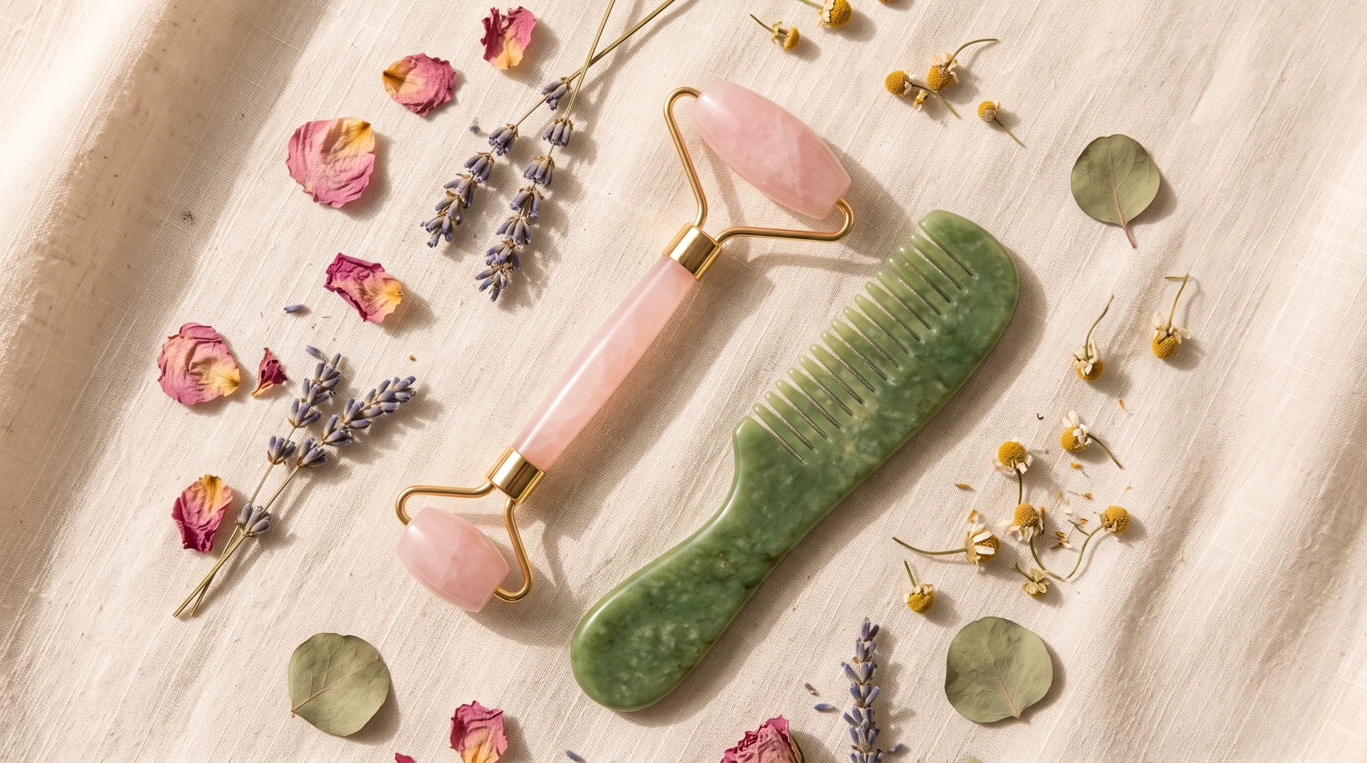 Rose quartz roller and jade comb with dried botanicals