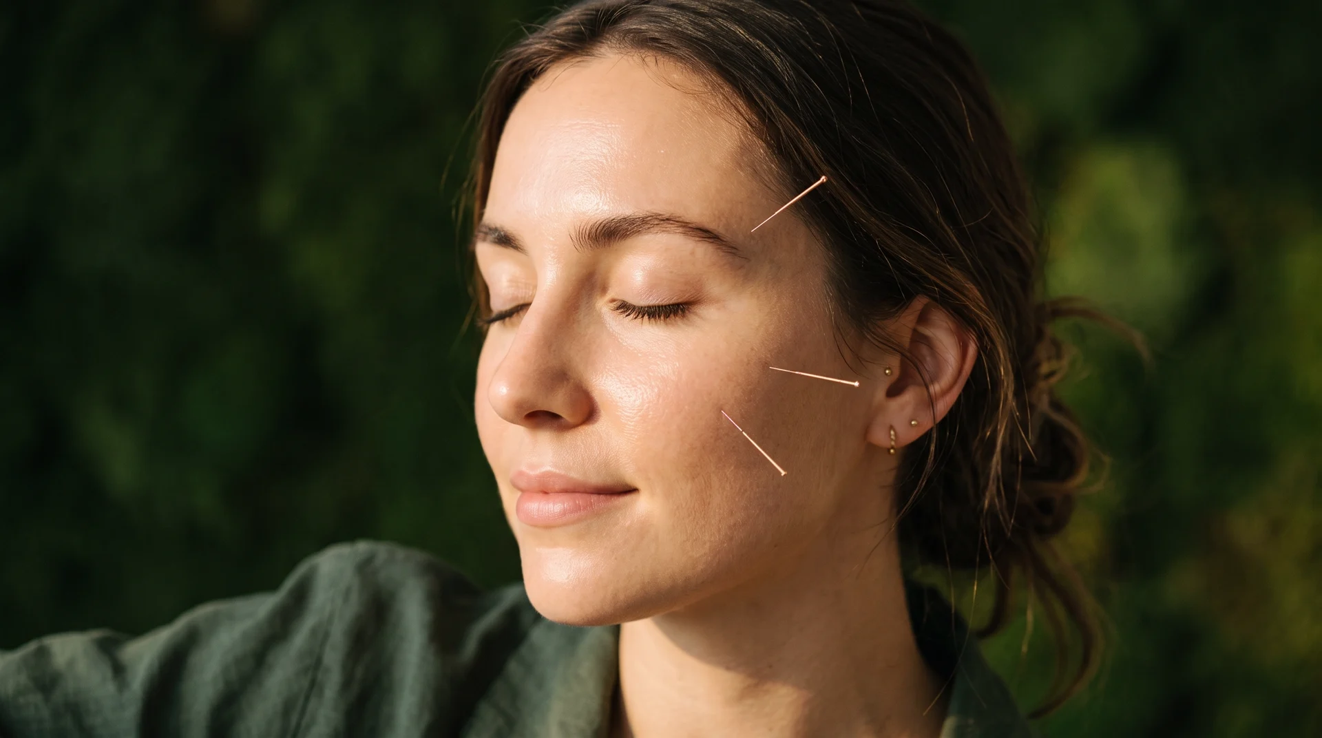 Woman resting with fine acupuncture needles placed on her face