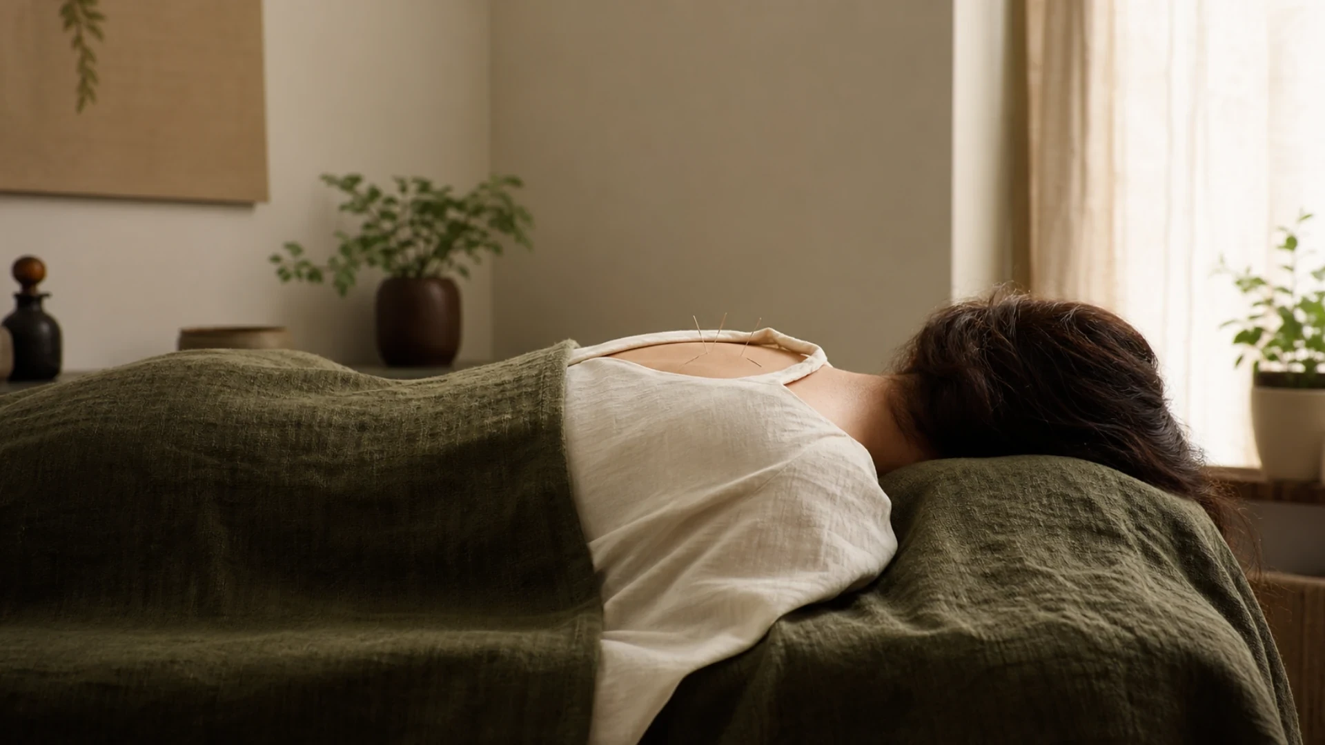 A fully draped patient receiving acupuncture across the upper back in a softly lit treatment room