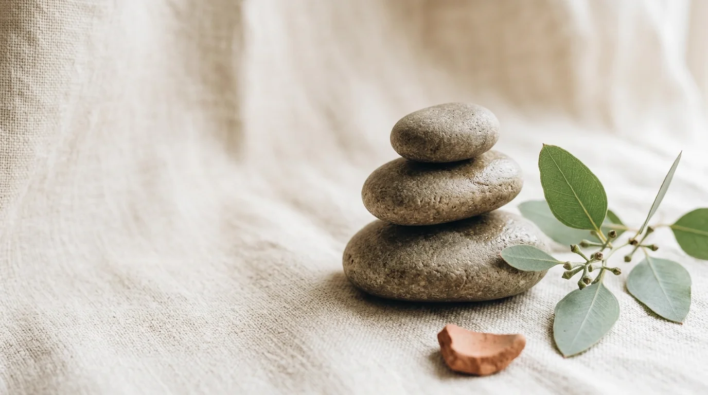 A stack of smooth river stones on cream linen fabric beside a sprig of eucalyptus